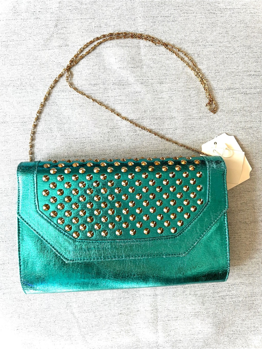 Metallic Teal Studded Chain Clutch